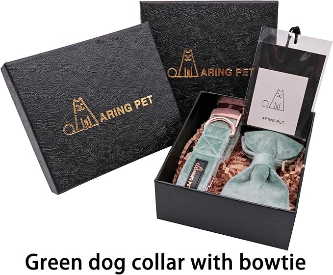 ARING PET Velvet Dog Collars with Bow tie, Dog Bowtie Collar, Adjustable Green Dog Collar,Large.