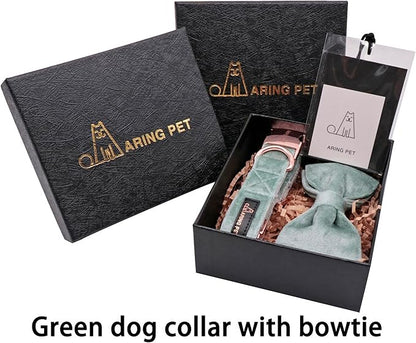 ARING PET Velvet Dog Collars with Bow tie, Dog Bowtie Collar, Adjustable Green Dog Collar,Large.