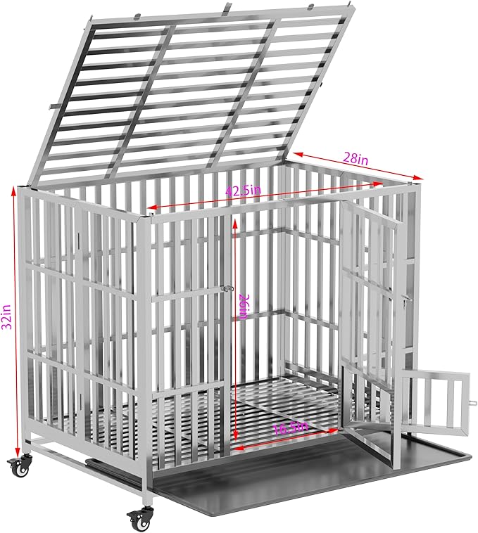 37" 42" 48" Heavy Duty Dog cage Stainless Steel Metal Kennel and Crate, Collapsible for Medium to Large Dogs, Easy to Assemble pet Pen with Four Lockable Wheels, Black Tray (42in)
