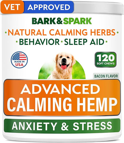 BARK&SPARK Advanced Calming Chews for Dogs - Anxiety Relief Treats - Melatonin + Hemp Oil - Separation Aid - Stress Relief During Fireworks, Storms, Thunder - Aggressive Behavior - BBQ (120ct)