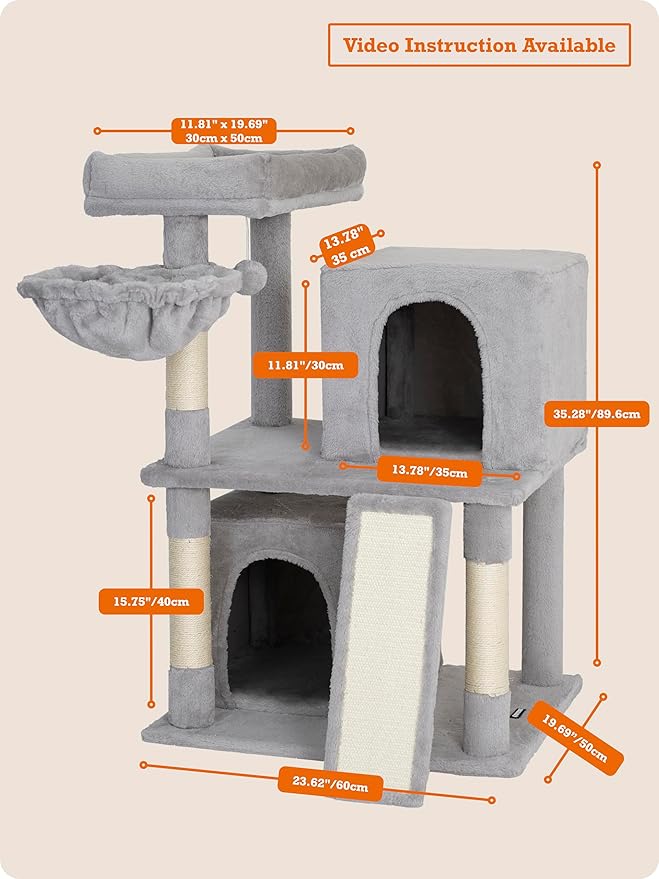 Ouritsu Cat Tree, 35 inch Cat Tower for Large Cat Indoor, 1 Widened Top Perch, 2 Enlarged Condos, Fluffy Basket, Scratching Posts and Ramp, Light Gray, MF001GA