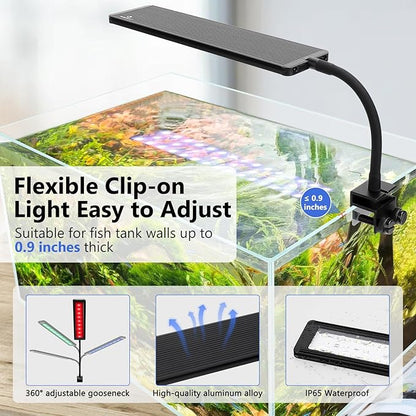 fishkeeper Clip On Aquarium LED Light, 24/7 Mode Full Spectrum Fish Tank Light with Timer, Adjustable 8 Color / 5 Brightness Simulate Sunrise-Day-Sunset-Moon for 15.74-22.83 inch Planted Tank 16W
