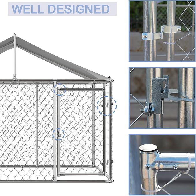 9.8' Outdoor Dog Cage with Waterproof UV-Resistant Cover,Large Metal Galvanized Rustproof Outdoor Puppy Fence W/Security Door,Heavy Duty Kennel for Farm & Garden,Silver