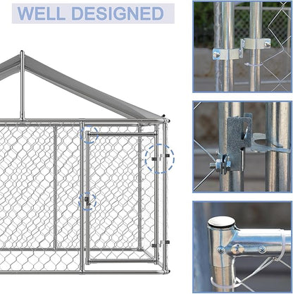 9.8' Outdoor Dog Cage with Waterproof UV-Resistant Cover,Large Metal Galvanized Rustproof Outdoor Puppy Fence W/Security Door,Heavy Duty Kennel for Farm & Garden,Silver