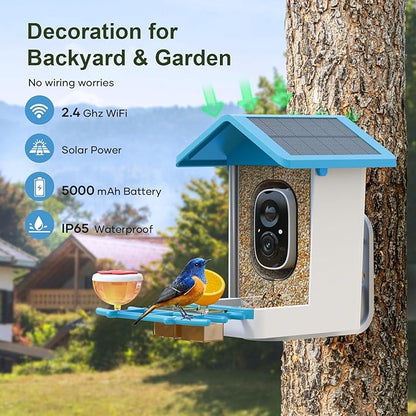 Smart Bird Feeder with Camera: Solar Powered Birdhouse with AI Recognition, Wireless Bird House with Camera for Outdoor, Unique Birthday Gifts for Mom Dad - Blue