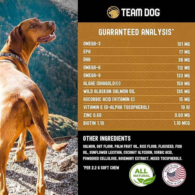 TEAM DOG Omega Skin and Coat Chews for Dogs | Wild Alaskan Salmon Oil for Dogs Skin and Coat Supplement | Allergy & Itchy Skin Relief for Dog Shedding | for a Glowing Coat & Healthy Skin | 120 Count