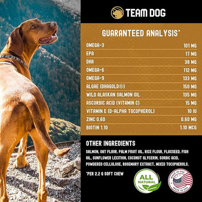 TEAM DOG Omega Skin and Coat Chews for Dogs | Wild Alaskan Salmon Oil for Dogs Skin and Coat Supplement | Allergy & Itchy Skin Relief for Dog Shedding | for a Glowing Coat & Healthy Skin | 120 Count