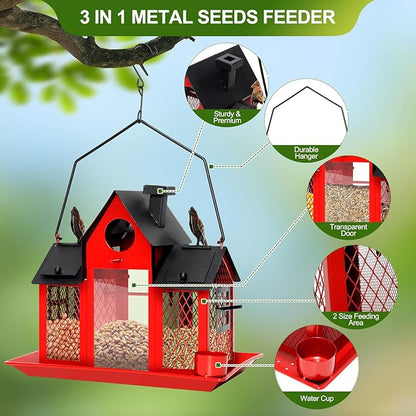 Solar Bird Feeders House for Outdoors Hanging, 7LBS Large Capacity Metal Wild Bird Feeder Squirrel Proof for Outside with Water Cup, Cardinal Birdfeeder Birdhouses Gift for Bird Lovers (Red)