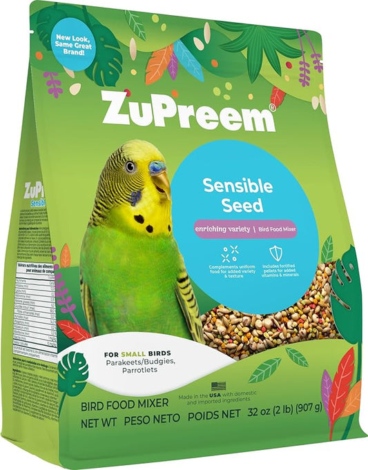 ZuPreem Sensible Seed Bird Food, Parakeet, Budgie, Parrotlet, Dove, Seed and Pellet Blend for Small Birds, Food Mixer Topper, Enriching Variety, Made in USA, Parakeet Seeds (S, 2 lbs)