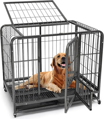 36 Inch Dog Cage for Medium Size Dogs, Heavy Duty Dog Crate with Removable Tray, Metal Dog Kennel Indoor Escape Proof, High Anxiety Crate with Double Doors, Lockable Wheels