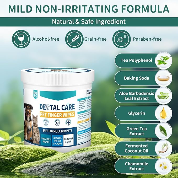 Pet Teeth Wipes for Dogs & Cats, Dog Tooth Cleaning Brushing Kit Dog Dental Wipes, 60Pcs Reduces Tartar & Plaque Fresh Breath Dog Teeth Cleaning Finger Toothbrush, Disposable Gentle Dog Teeth Wipes