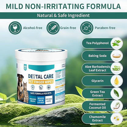 Pet Teeth Wipes for Dogs & Cats, Dog Tooth Cleaning Brushing Kit Dog Dental Wipes, 60Pcs Reduces Tartar & Plaque Fresh Breath Dog Teeth Cleaning Finger Toothbrush, Disposable Gentle Dog Teeth Wipes