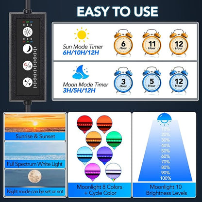 hygger Sun Moon LED Aquarium Light, Full Spectrum Fish Tank Light Day-Night Dual Timer, Adjustable 6 Timer 10 Brightness 8 Colors for Planted Freshwater Tank (16W for 12~18in Long Tank)