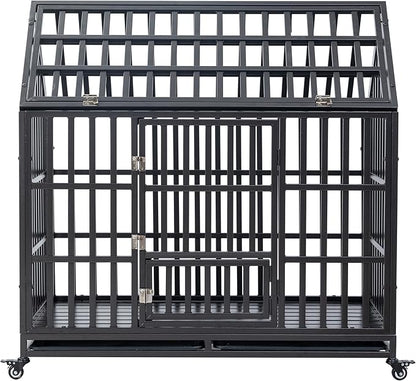 48" Metal Dog Cage with 4 Lockable Casters, Heavy Duty Inoor Dog Kennel with Doors and Roof for Large or Medium Dogs, Black