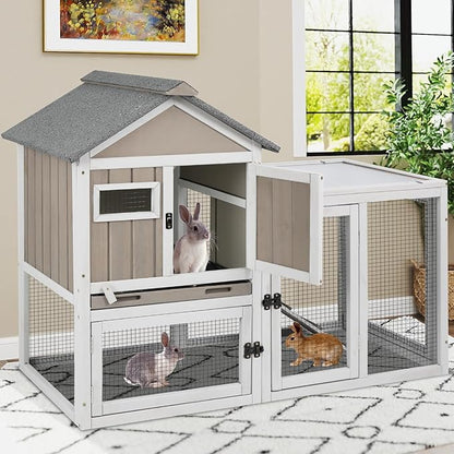 48" L Rabbit Hutch Outdoor Indoor Bunny Hutch Weatherproof, 2-Story Wood Rabbit Cage with Deep Tray, Chew-Resistant Ramp, UV Roof, Bunny House for Small Animal, Expandable Guinea Pig Cage