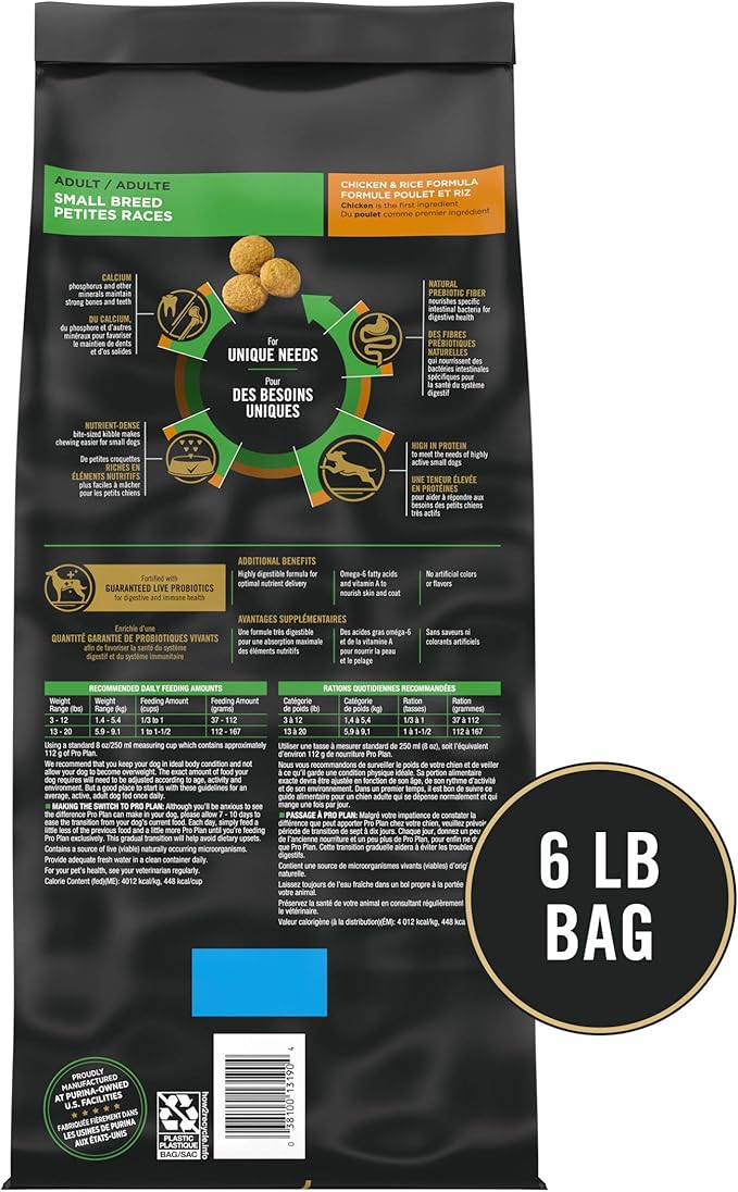 Purina Pro Plan Small Breed Dry Dog Food Chicken and Rice Formula With Guaranteed Live Probiotics - 6 lb. Bag