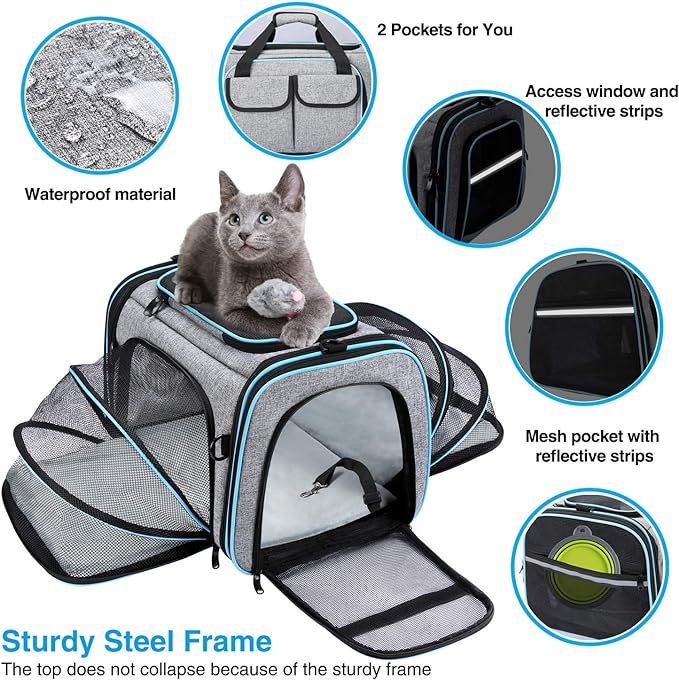 Airline Approved Pet Carrier, Large Soft Sided Pet Travel TSA Carrier 4 Sides Expandable Cat Collapsible Carrier with Removable Fleece Pad and Pockets for Cats Dogs and Small Animals