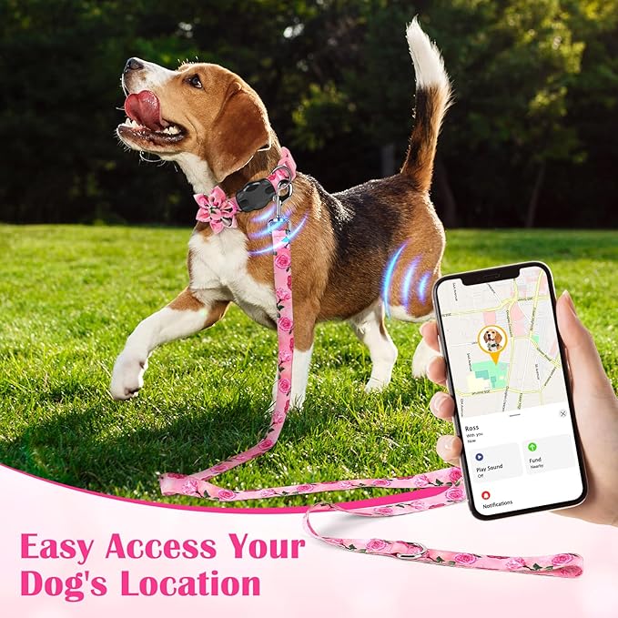 Airtag Dog Collar for Small Dogs, Rose-Pink Dog Collars Girl with AirTag Holder Waterproof Airtag Case, Including Flower Spring Dog Collar Bowtie, for All Female Dogs ï»