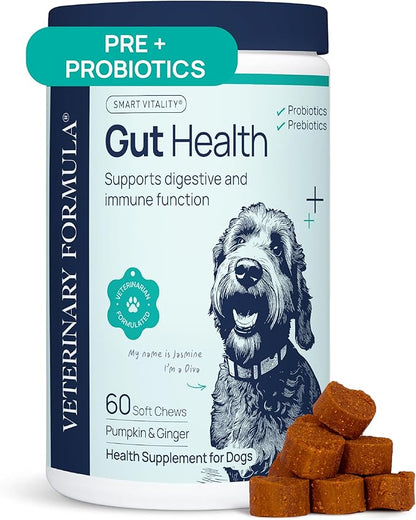 Veterinary Formula Gut Health Supplement for Dogs  Vet-Formulated Probiotic Chews with Digestive Enzymes & Fiber  Smart Vitality Supports Digestive Health, Gut Balance & Stool Quality, 60 Soft Chews
