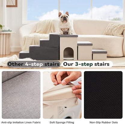 Love's cabin Dog Stairs for Small Medium or Large Dogs with Storage and Condo,Foldable Dog Steps for Bed or Couch,3-Step Gray Folding Cat Dog Ramp with Zip up to 210 lbs,Light Grey