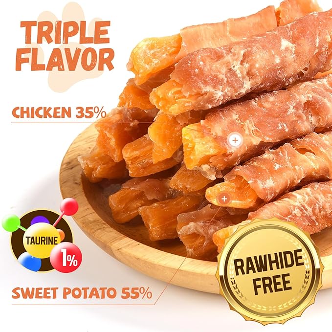 Chicken Jerky Wrapped Sweet Potato Dog Treats w/Taurine, Healthy Dog Snacks Low Fat High Protein, Chewy Training Rewards Treats for Small Medium Large Breeds,10.6 oz, 13-17 Counts
