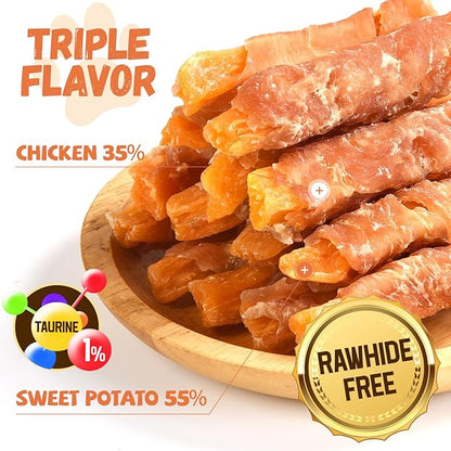 Chicken Jerky Wrapped Sweet Potato Dog Treats w/Taurine, Healthy Dog Snacks Low Fat High Protein, Chewy Training Rewards Treats for Small Medium Large Breeds,10.6 oz, 13-17 Counts