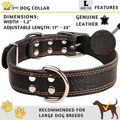 ADITYNA Heavy Duty Leather Dog Collar for Large Dogs - Soft and Strong Leather Dog Collar for Walking and Training (Large: Fit 17" - 23" Neck, Black)