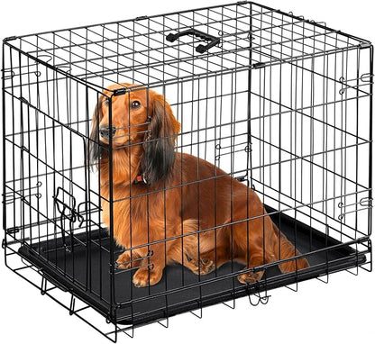DUMOS Dog Crate, 24 Inch Medium Single Door Dog Cage with Divider Panel and Plastic Leak-Proof Pan Tray, Folding Metal Wire Pet Kennel for Indoor, Outdoor, Travel