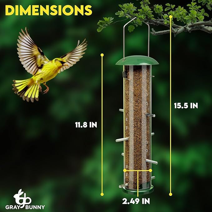 Finch Bird Feeder for Outdoors (16 Ports) Thistle & Nyjer Seed Hanging Feeder with 16 Ports and 8 Metal Perches, Chew-Proof Metal Design for Wild Birds