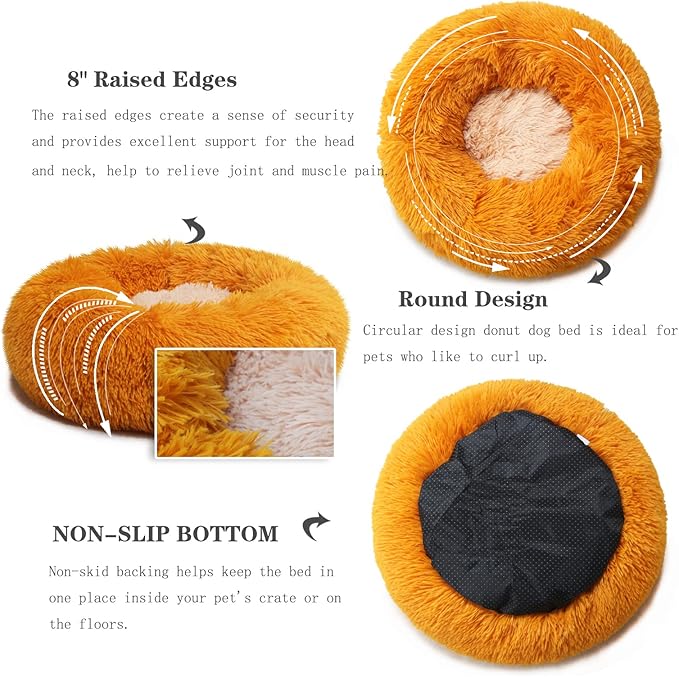 Small Dog Bed for Calming Dog 19 inches Orange Puppy Bed for Extra Small Dog Bed Washble Anti-Anxiety Puppy Bed Machine Washable Cozy Soft Pet Round Bed Fits up to 10-100 lbs