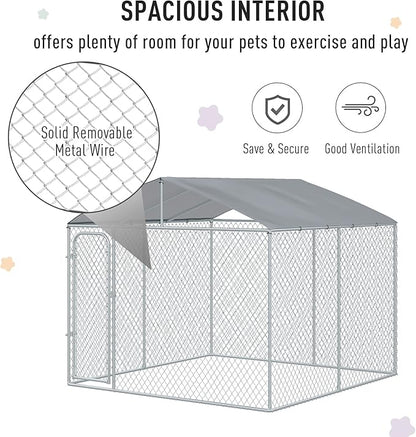 PawHut Large Dog Kennel Outside, Heavy Duty Dog Cage with Waterproof Cover, Outdoor Fence Dog Run with Galvanized Chain Link, Secure Lock, 9.8' x 9.8' x 7.7'