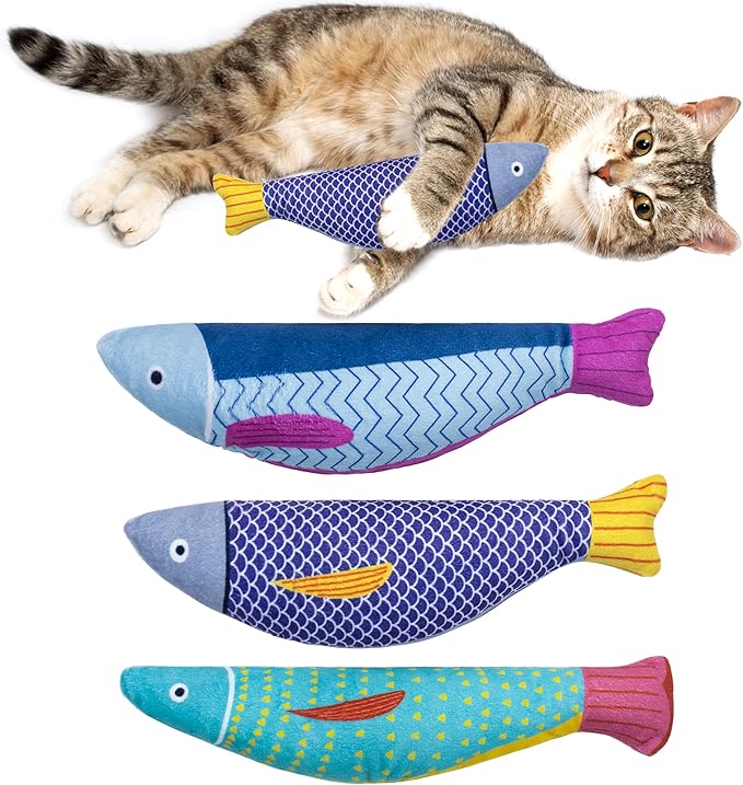 Soft Catnip Toys Fish, 3 Pack Bell Sound Cat Toys, Interesting Indoor Cat Kicker Toys, Durable and Highly Interactive Catnip Toys (Kingfish)