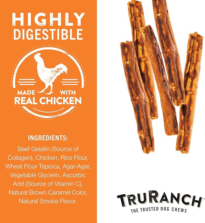 TRURANCH Collagen Rolls - 9" Collagen Rolls for Dogs - Long Lasting Healthy Joint Support - Rawhide Alternative - Skin & Coat Health - Made with Real Chicken, Value Pack, 15 Bags, 45 Count