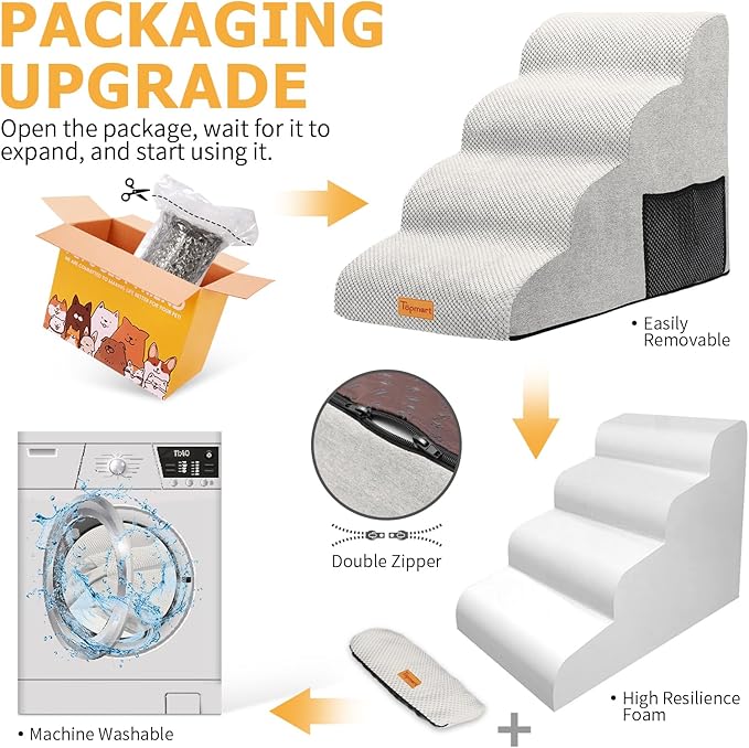 Topmart High Density Foam Dog Steps 4 Tiers,Extra Wide Deep Pet Steps,Non-Slip Pet Stairs,Dog Ramp for Bed,Soft Foam Dog Ladder,Best for Older Dogs Injured,Older Pets,Cats with Joint Pain