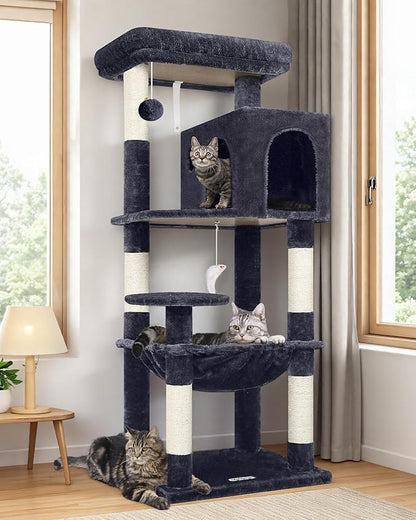 Globlazer Cat Tree Tower with Scratching Post for Indoor Cats, 53inch Tall Plush Multi-Level Cat Climbing Tower Condo House with Large Hammock, Spacious Cat Condo, Big Padded Top Perch, F53, Dark Gray
