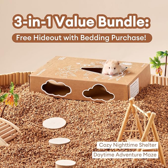 BUCATSTATE Cork Bedding 5L, Natural Hamster Bedding Odor Control for Dwarf Syrian Hamsters, Gerbils, Mice, Low-dust Hamster Substrate with Paper Hideout Box (Grain 2-4mm)