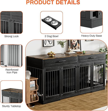 Rophefx 72" Dog Crate Furniture for 2 Dogs, Large Dog Kennel Furniture with 2 Storage Drawers and 4 Bowls, Wooden Dog Cage with Removable Divider, Indoor Dog House TV Stand for Medium Dog, Black