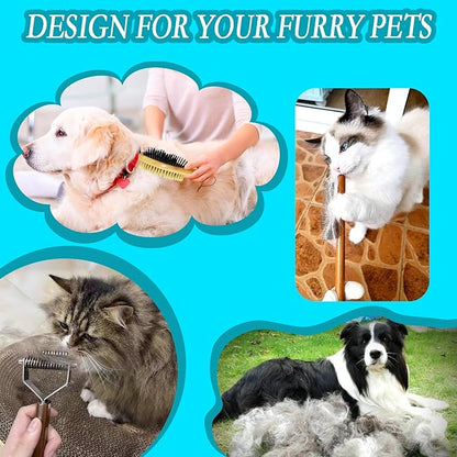 5-piece pet grooming set - solid wood hair removal brush with metal comb - hair removal comb, smoothing brush, and steel comb, used for combing and removing long and tangled hair on cats and dogs