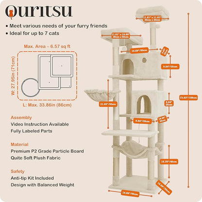 Ouritsu Cat Tree, 73.6 inch Tall Cat Climbing Tower for Large Cat Indoor with 2 Large Condos, 2 Widened Perches, Sisal Covered Scratching Posts, 2 Hammocks, Beige, XLF001WH