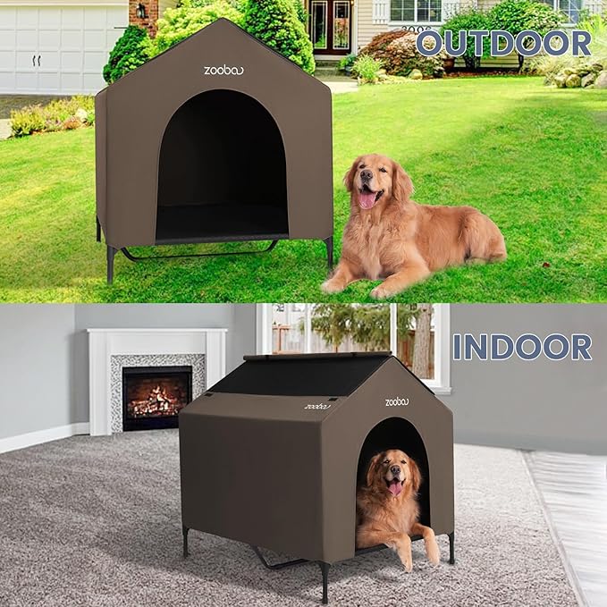 42" 2-in-1 Dog House for Medium Dogs, Elevted Dog House Outdoor/Indoor, Puppy Shelter Outside,Water Resistant 600D PVC and Durable 2x1 Textilene Raised Dog Bed(Brown)