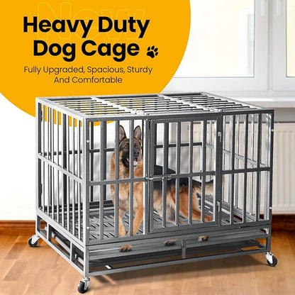 38 inch Heavy Duty Indestructible Dog Crate,2025 New Upgraded Reinforced Baseplate for Large Dogs,XL Dog Crate for High Anxiety Dogs/Max Load Capacity 200lbs/Double Door with Wheelsï¼_ilverï¼
