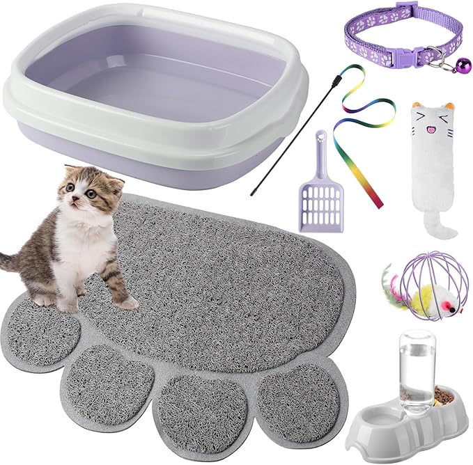 7 Pcs Small Cat Kitten Starter Kit Cat Litter Box with Shovel Paw Litter Mat Double Automatic Kitten Bowls Toy Teaser Stick Collar Essentials Kits for 1-3 Lbs Beginner(Stylish,Purple)