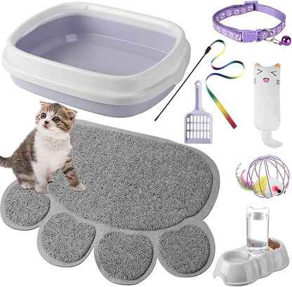 7 Pcs Small Cat Kitten Starter Kit Cat Litter Box with Shovel Paw Litter Mat Double Automatic Kitten Bowls Toy Teaser Stick Collar Essentials Kits for 1-3 Lbs Beginner(Stylish,Purple)