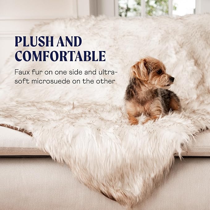 PupProtector Waterproof Throw Blanket for Dogs and Cats, Pet Blanket Cover for Couches, Sofas, Beds, Car Seats, Furniture, Calming Soft Faux Fur, White with Brown Accents, Original (60" L x 50" W)