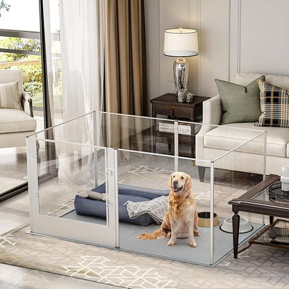 Dog Clear Playpen Fence Kennel: 32" Extra Tall Puppy Birthing Enclosure with Waterproof Fertility Pad - 64"x43" Pet Heavy Duty Play Pin Corral with Transparent View and Lockable Door for Dogs Bunny