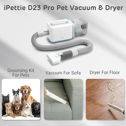 iPettie D23 Pro Pet Grooming Kit for Dogs: Vacuum Dog Brush and Dog Trimmer Vacuum  95°F-140°F Adjustable Temperature, Adjustable Wind Speed, 23000 PA Suction for All Pet Grooming Needs