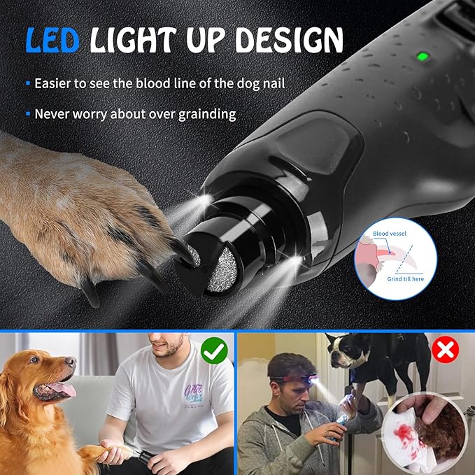 Dog Nail Grinder Quiet Low Vibration, 6 Speed Pet Nail Grinder with 2 LED Lights for Large Medium Small Dogs Cats, Professional 3 Ports Rechargeable Electric Dogs Nail Trimmer (Grey)