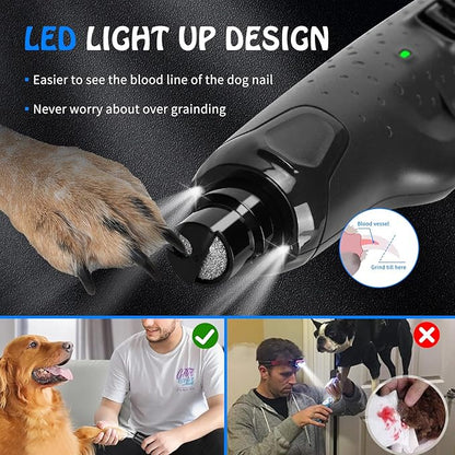 Dog Nail Grinder Quiet Low Vibration, 6 Speed Pet Nail Grinder with 2 LED Lights for Large Medium Small Dogs Cats, Professional 3 Ports Rechargeable Electric Dogs Nail Trimmer (Grey)