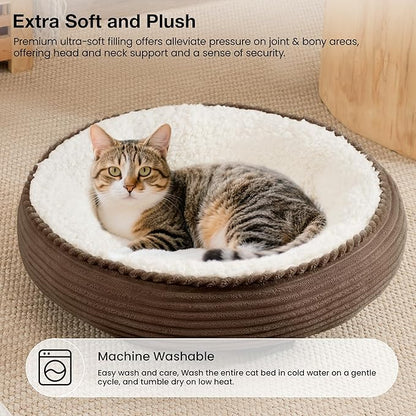 Love's cabin Round Donut Cat and Dog Cushion Bed, 20in Pet Bed for Cats or Small Dogs, Anti-Slip & Water-Resistant Bottom, Super Soft Durable Fabric Pet beds, Washable Luxury Cat Dog Bed Brown Stripe