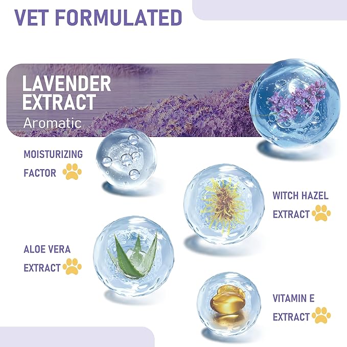 Pet Cleaning Glove Bathing Wipes for Dogs and Cats, Hypoallergenic Deodorizing No-Rinse Grooming Wipes for Paws, Body, and Butt, Perfect for Cat Dry Cleaning, Daily Care and Travel, Lavender, 8 Pcs